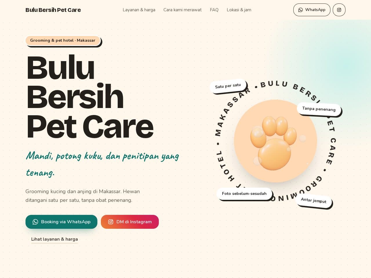 Tampilan website Bulu Bersih Pet Care