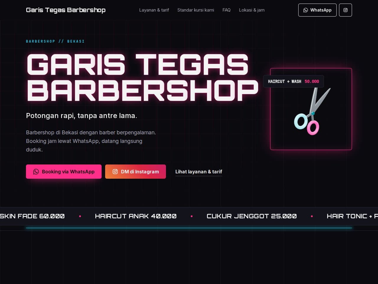 Tampilan website Garis Tegas Barbershop