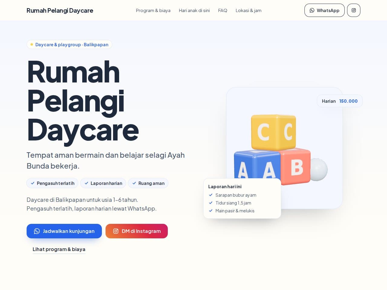 Tampilan website Rumah Pelangi Daycare