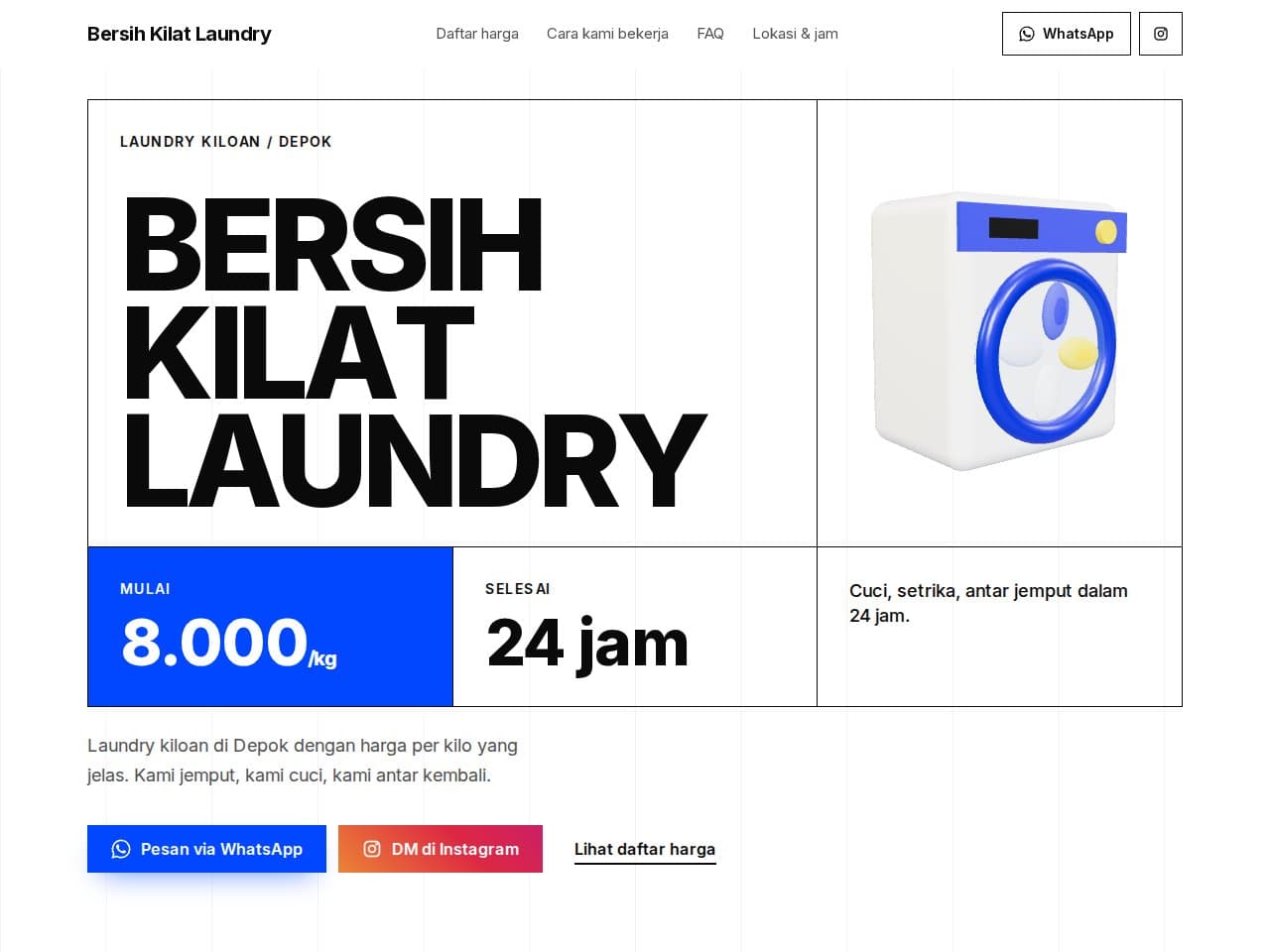 Tampilan website Bersih Kilat Laundry